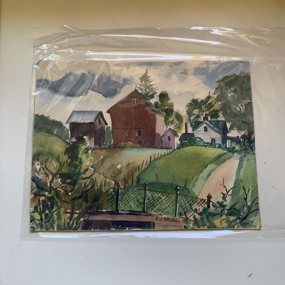 Red Barn Minimalist Art Watercolor Painting Rural Farm Scene 11x15” Country